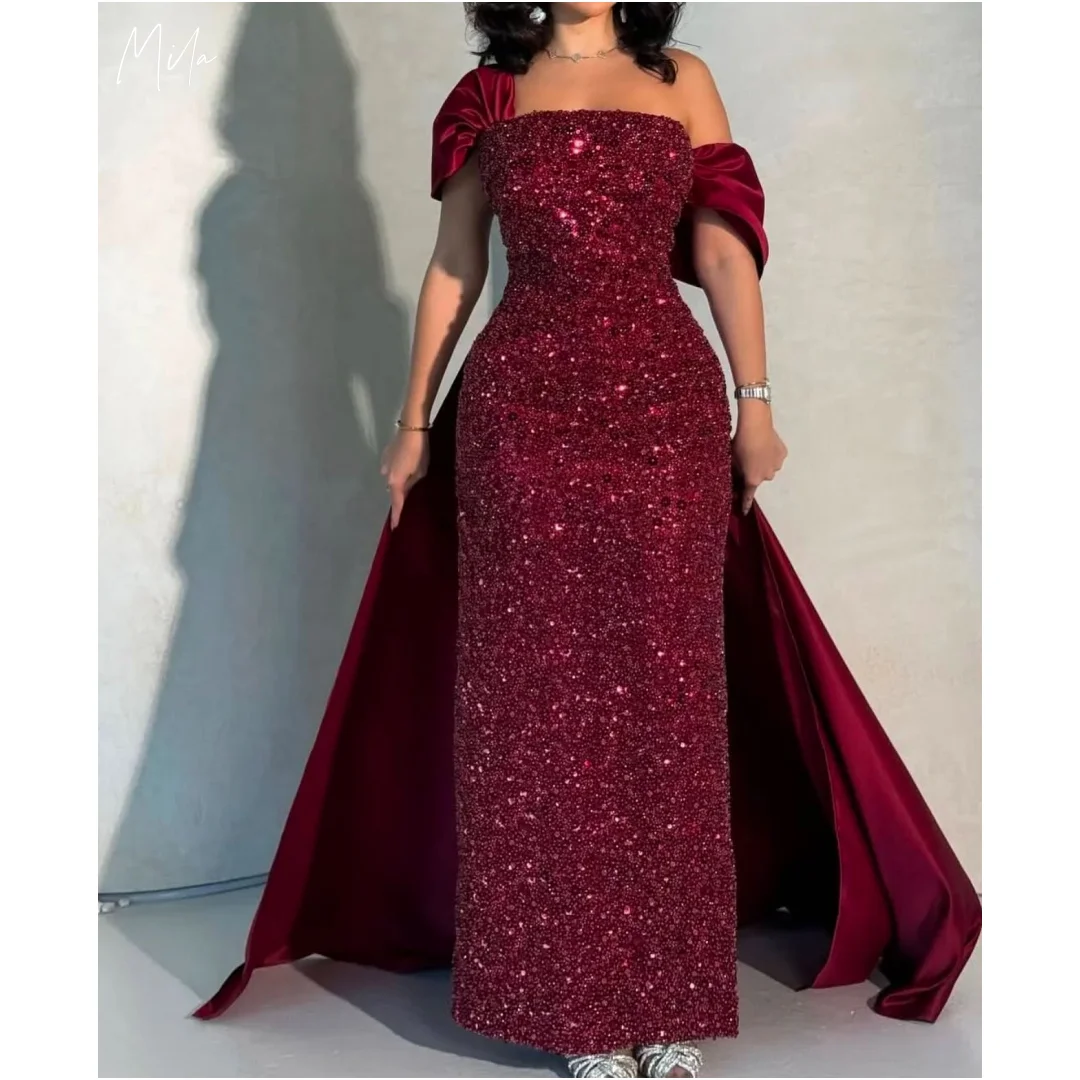 

Мила Блестящие блестки Пром платья Шаль Бордовый без бретелек Индивидуальные вечерние платья длиной до пола без рукавов Vestidos de gala 2025