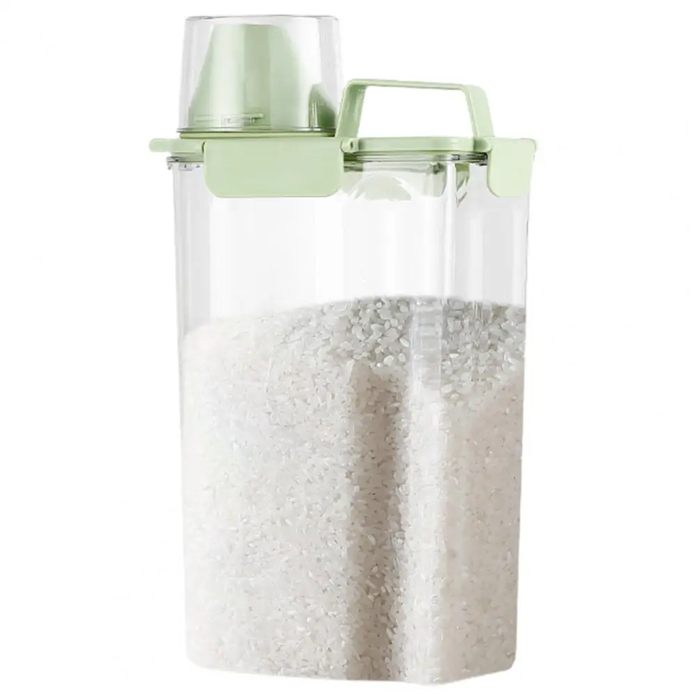 3L Rice Container with Measuring Cup Clear Airtight Lid Handle Flour Bean Cereal Grain Food Storage Box Holder Bin for Kitchen