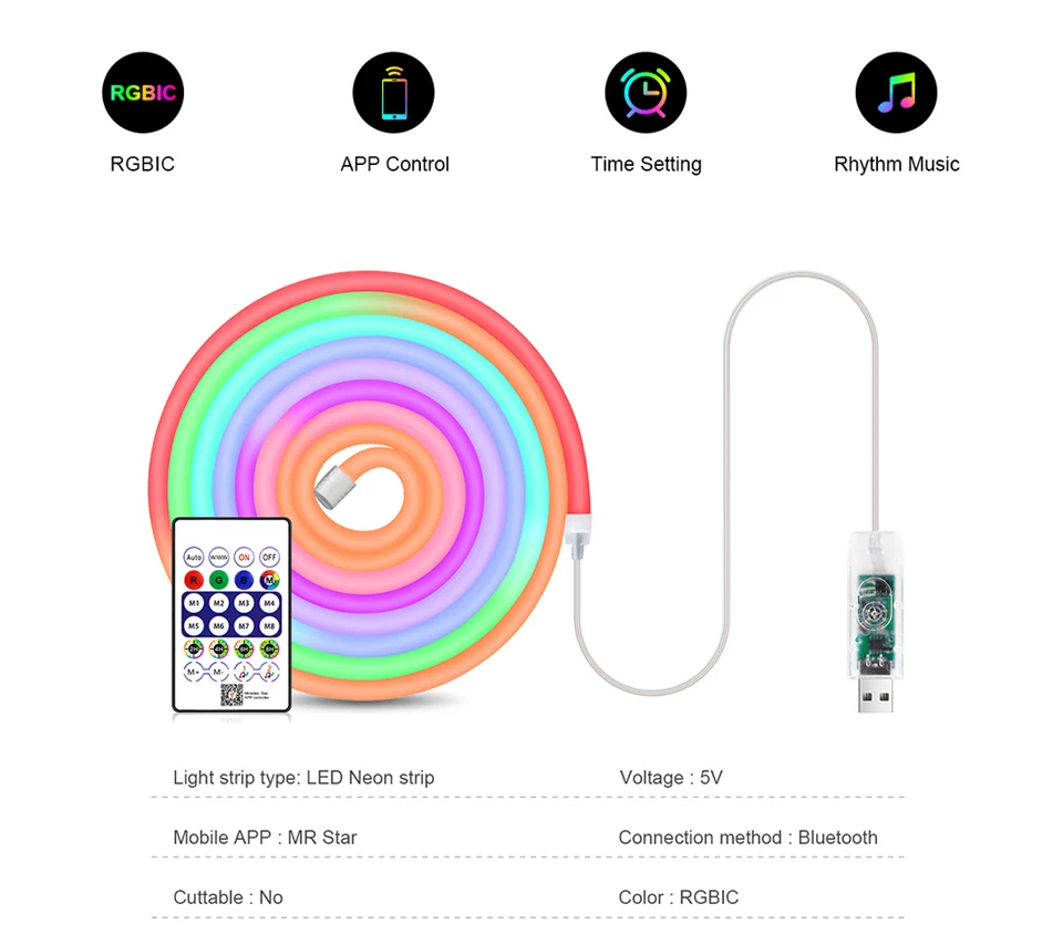 5M/16.4FT USB LED Light Neon Strip WS2812B RGBIC DC5V Rope Lights Neon Tape Chasing Effect Room Wall Decor Neon Sign