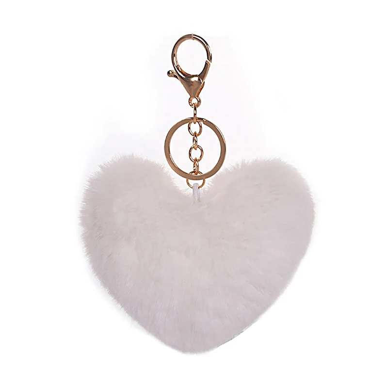 Solid Color Fluffy Pompom Keychain Gifts For Women Soft Heart Shape Pompon Fake Rabbit Key Chain Car Bag Accessories Key Ring