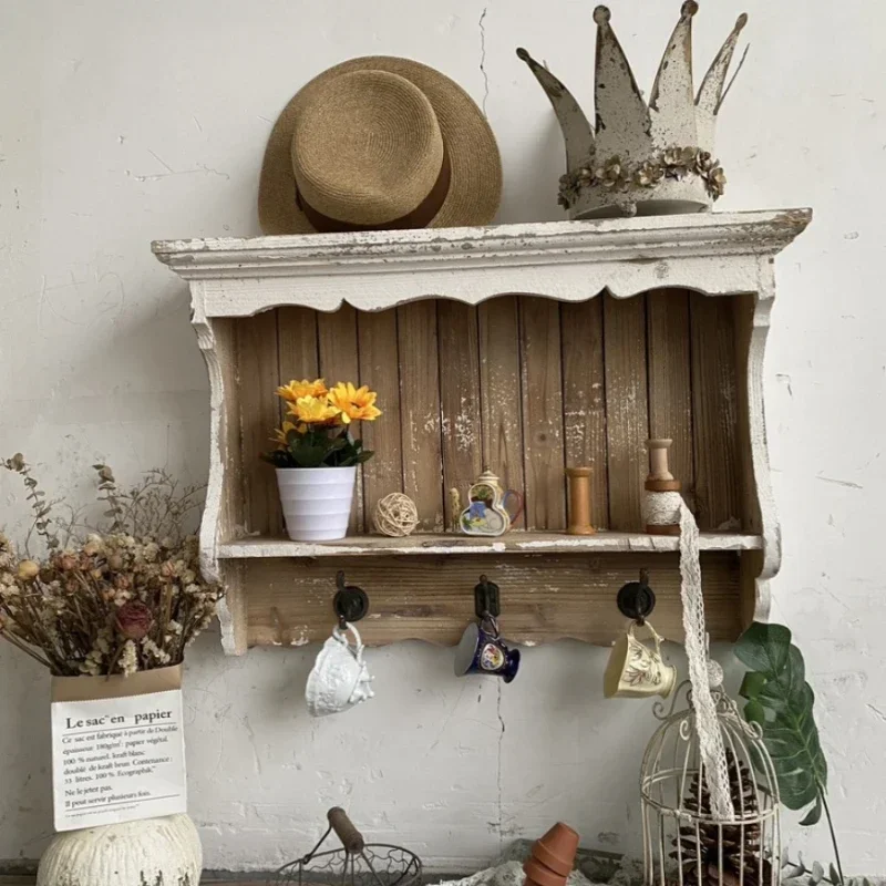 Decorative French Country Wall Shelf, White Wooden Shelf with Hooks, Rustic Home Organizer, Vintage Hooked Wall Shelf