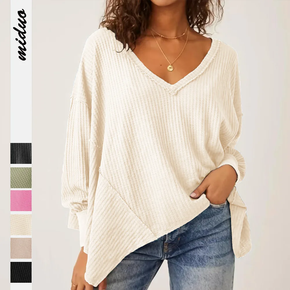 Women's Pullover Spring Autumn New Female V-neck Solid Color Long Sleeve Top Lady's Irregular Waffle Sweatshirt Women's Clothing