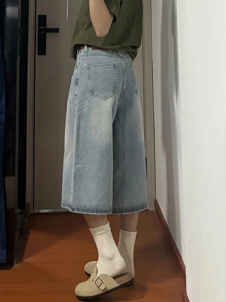 Loose Wide Leg Jeans Women's plus Size Slimming Light Blue Denim Casual High Waist Seven-Five-Length Anti-Wrinkle Cotton Blend