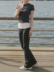 Black Basic T-shirt Pant Set Woman O-neck Slim Crop Tops Patchwork Yoga Boot Cut Sweatpants Cotton Casual Sport 2 Pieces Sets
