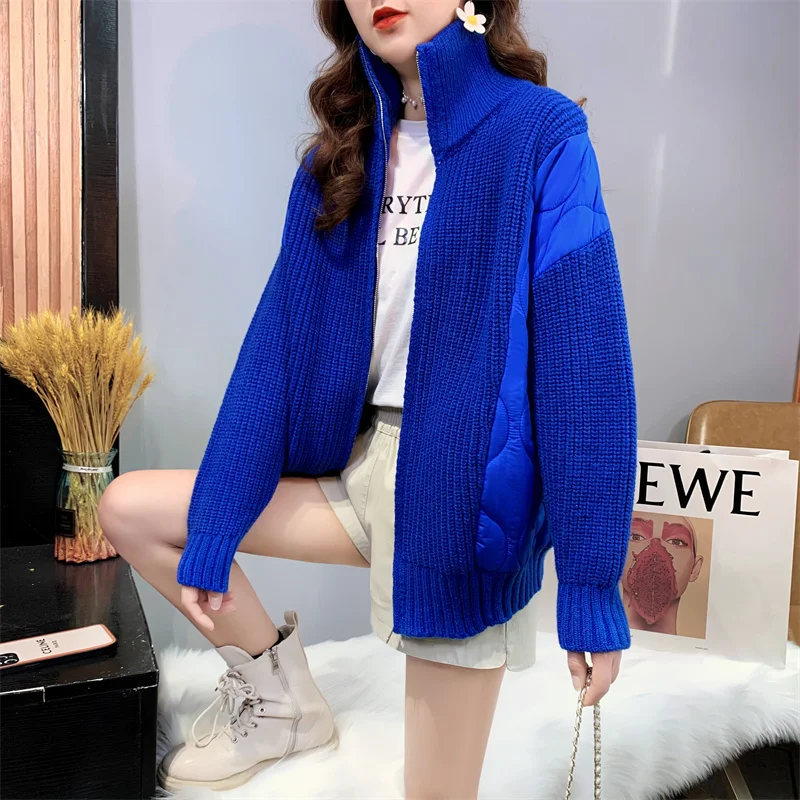 Women's Stand Collar Sweater Cardigan 2024 Autumn Winter Loose Sweater Coat Knitted Stitching Cotton-Padded Coat Loose Top Coat