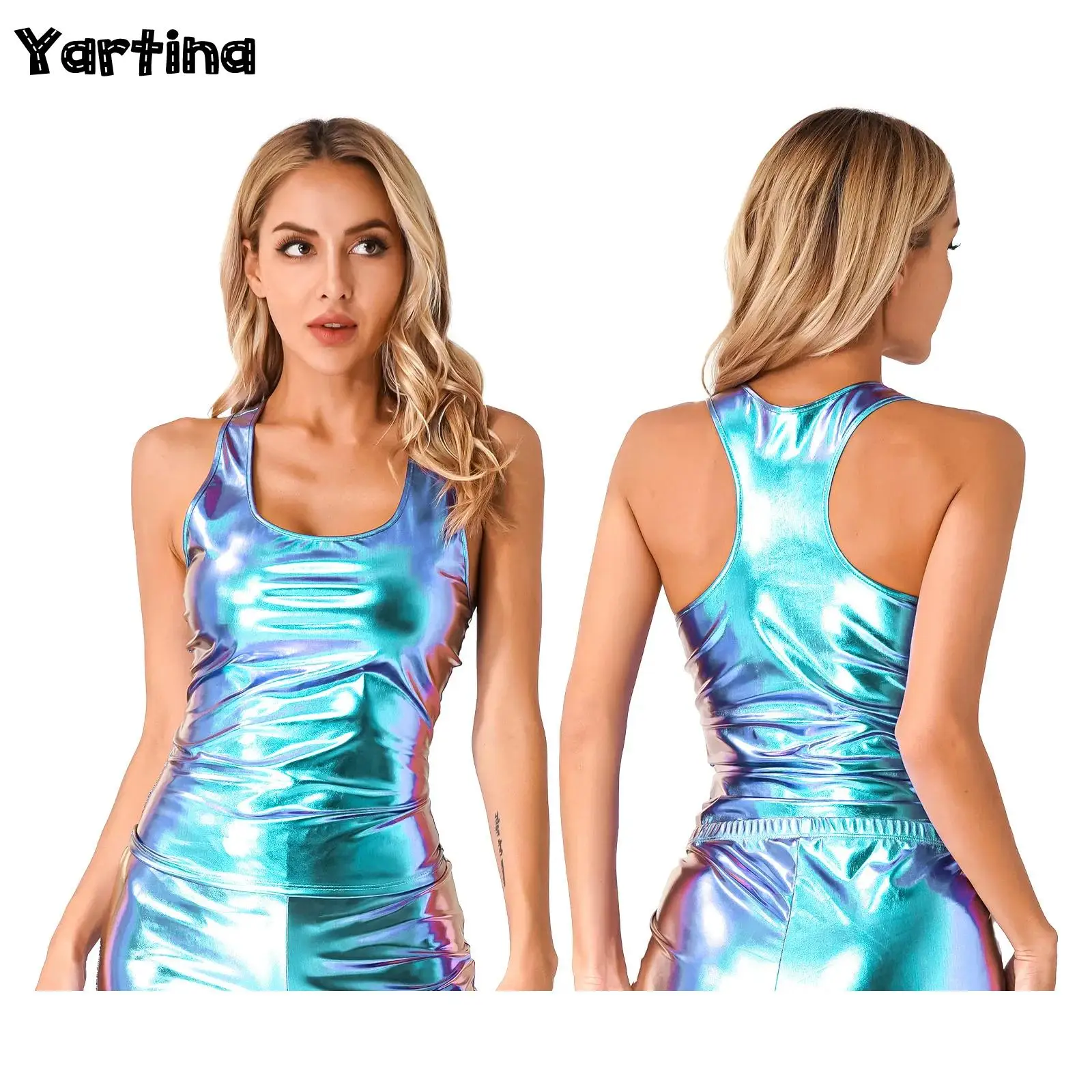 Glänzendes Metallic-Weste-Top für Damen, tiefer U-Ausschnitt, ärmellos, Racerback, schmale Passform, Wetlook-Unterhemd, Tank-Top, Rave-Festival, Clubwear