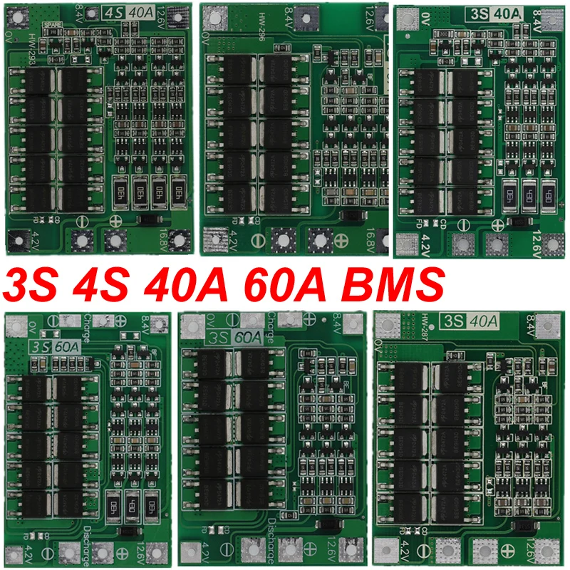 3S 4S 40A 60A Li-ion Lithium Battery Charger Protection Board 18650 BMS For Drill Motor 11.1V 12.6V/14.8V 16.8V Enhance/Balance