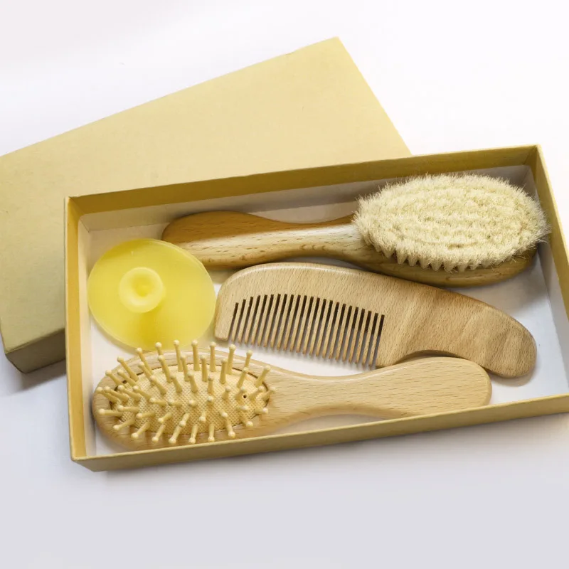 Baby Wool Brush Set  Beech Wood Soft Small Wooden Brush  Air Bag Wooden Comb Baby Shampoo Comb and Care Three-piece Set