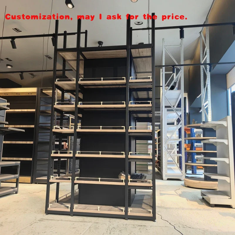 

на заказ.360 ° Двусторонняя система стеллажей из стальной древесины с полным корпусом, настраиваемые стеллажи для выставки товаров, розничные магазины