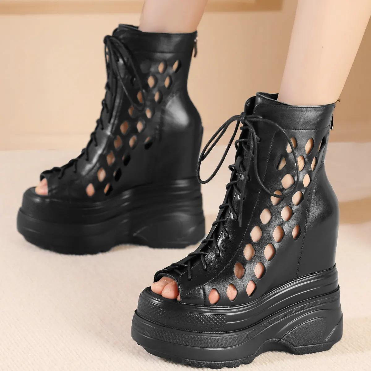 

Platform Pumps Plus Size Shoes Women Genuine Leather Wedges High Heel Gladiator Sandals Female Open Toe Sneakers Big Size Shoes