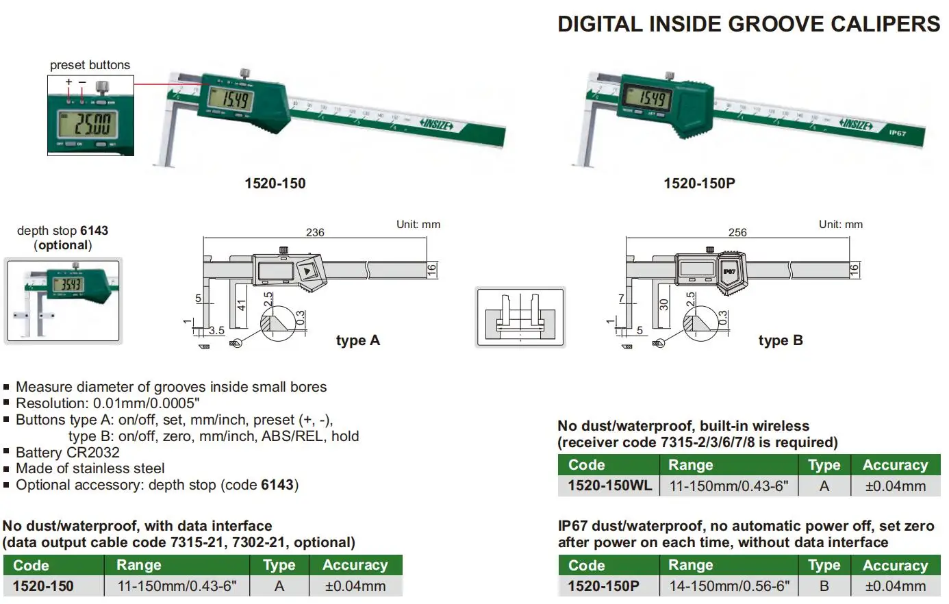 INSIZE 1520-150 measuring range 11-150mm digital inside groove calipers