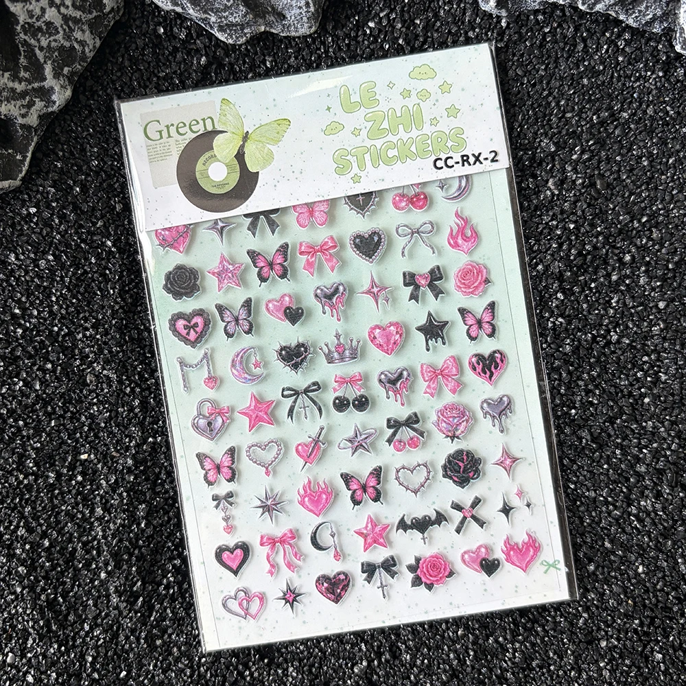 LEZHI 3D Puffy Stickers Y2K Coquette Aesthetic Pink Black Butterfly Heart Decals For Journaling Scrapbooking Phone DIY Gift