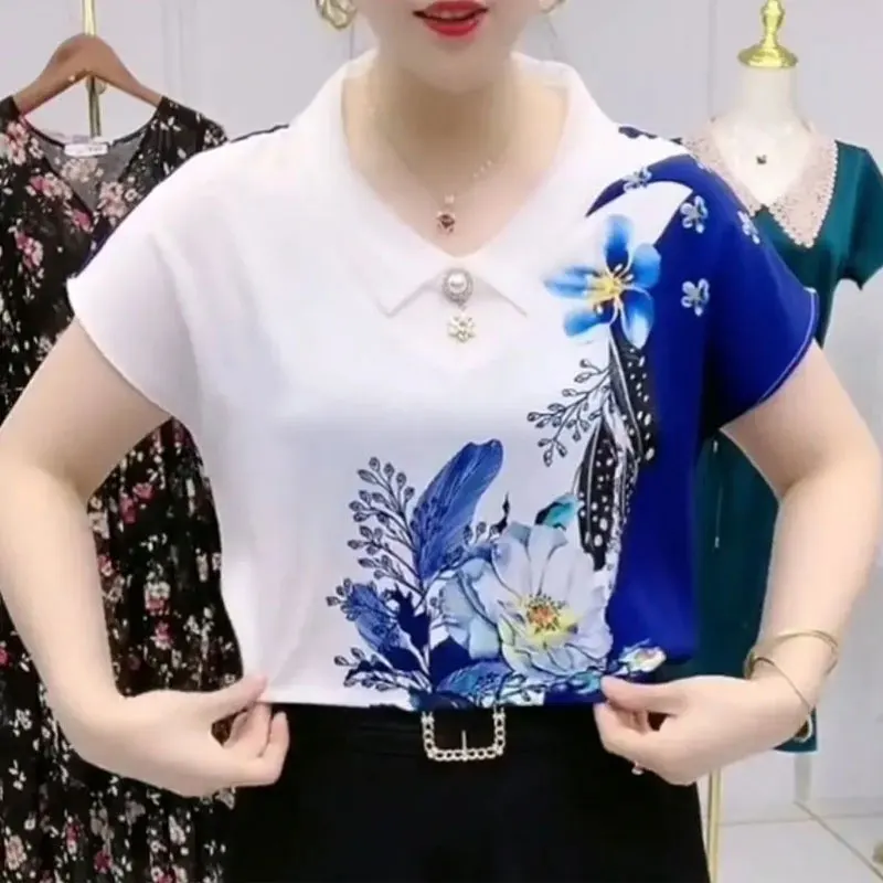 Commute Casual Floral Printed Blouse Summer Turn-down Collar Chic Pearl Three-dimensional Decoration Female Clothing Loose Shirt