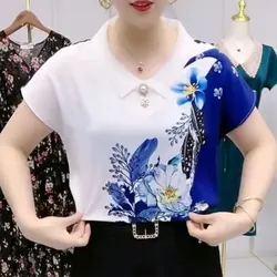 Blusa informal con estampado Floral para mujer, camisa holgada con cuello vuelto, elegante con perlas, decoración tridimensional, Verano