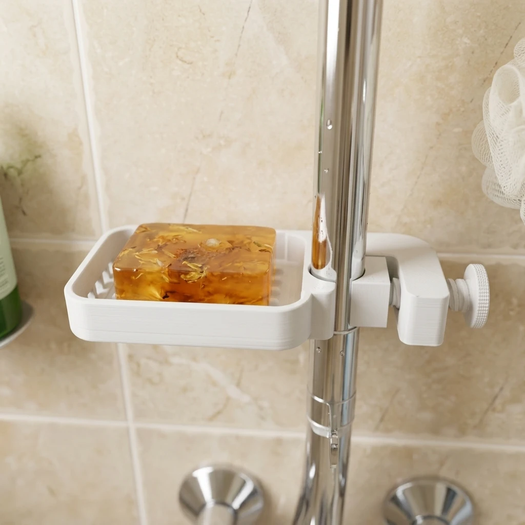 1pc 3D Printed Drill‑Free Plastic Pipe‑Clamp Soap Holder, Space‑Saving Wall‑Mounted Sponge Storage Rack