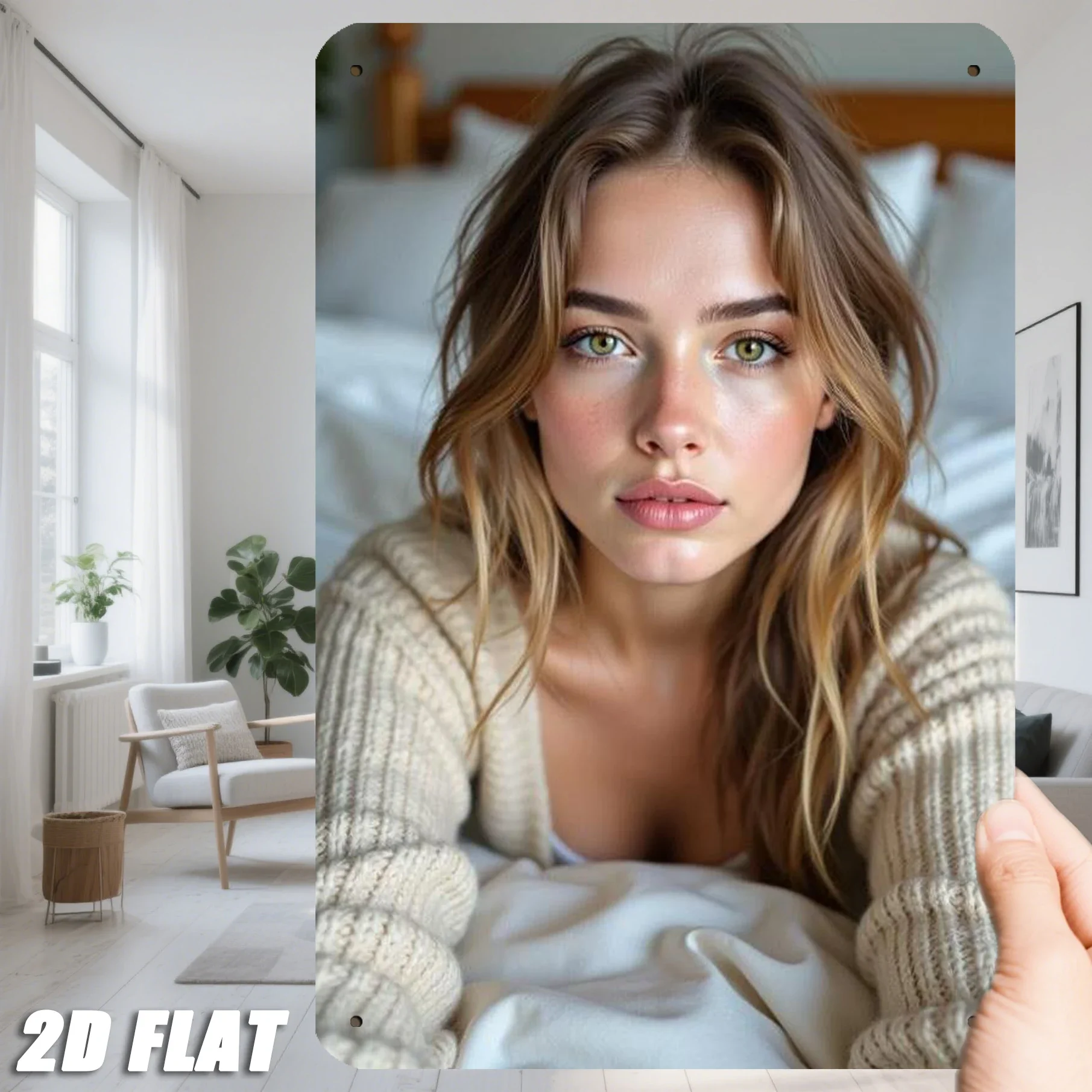 Vintage Blonde Woman Metal Wall Art with Green Eyes, 8x12 Inch Retro Iron Portrait 2D Flat Decoration for Bedroom Kitchen Bar
