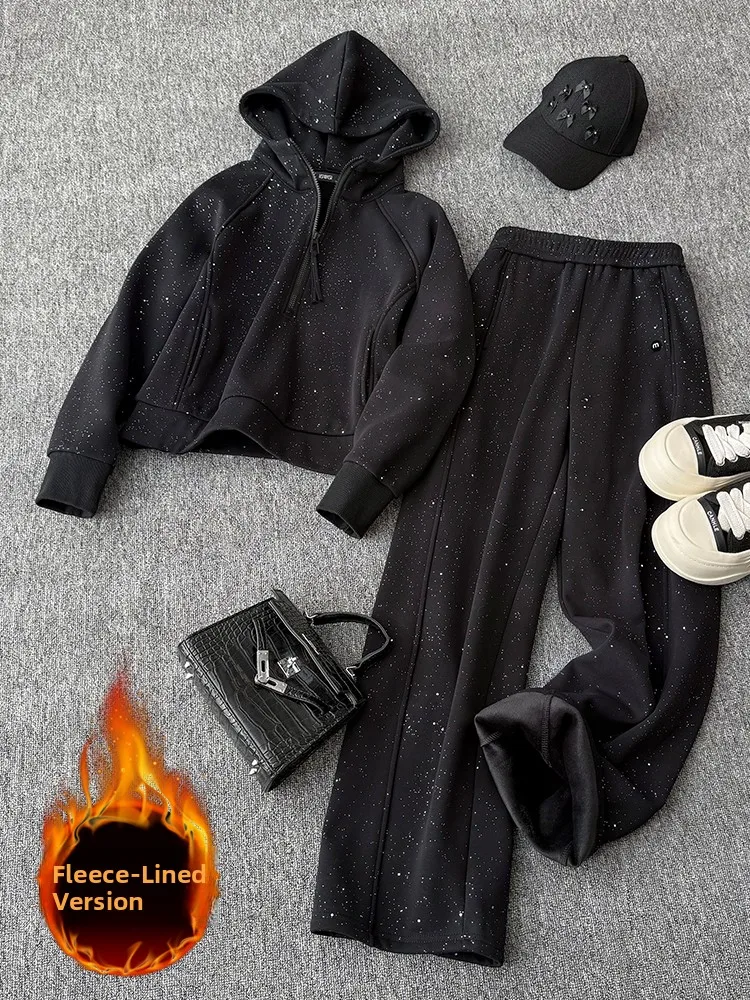 

Fashionable Casual Fleece Lined Hoodie And Wide Leg Pants Running Set Women's Spring New Style Two Piece Suit High Waist Pants