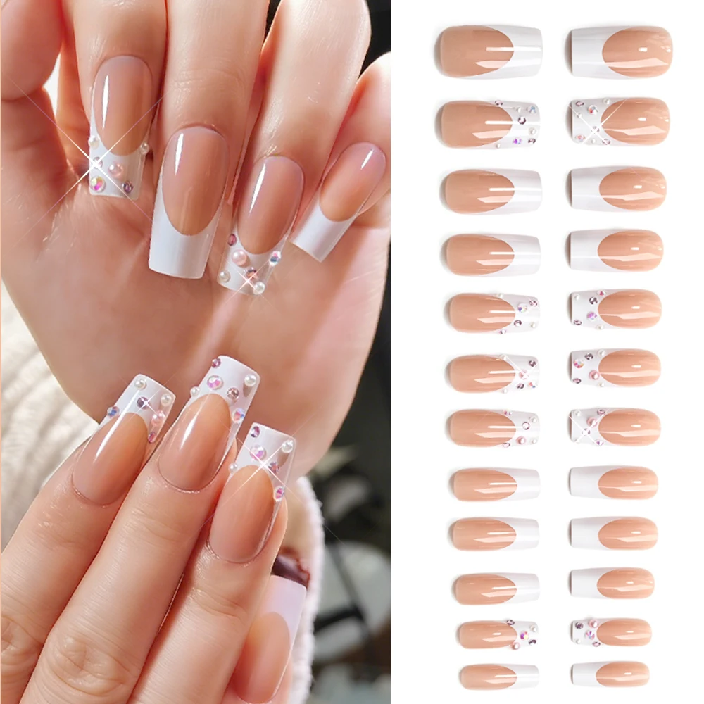 

24Pcs/Box 3D Pearl Rhinestones French Tips Fake Nails Nude Medium Square Wearable Press On Nail Tip Full Cover False Fingertips