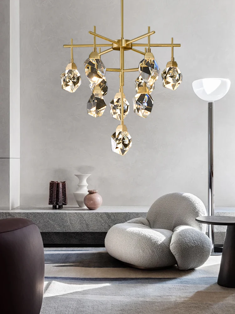 Postmodern Luxury Diamond Shape Crystal Chandeliers Led Elegant All Brushed Copper Light Fixture for Dining Room Living Area