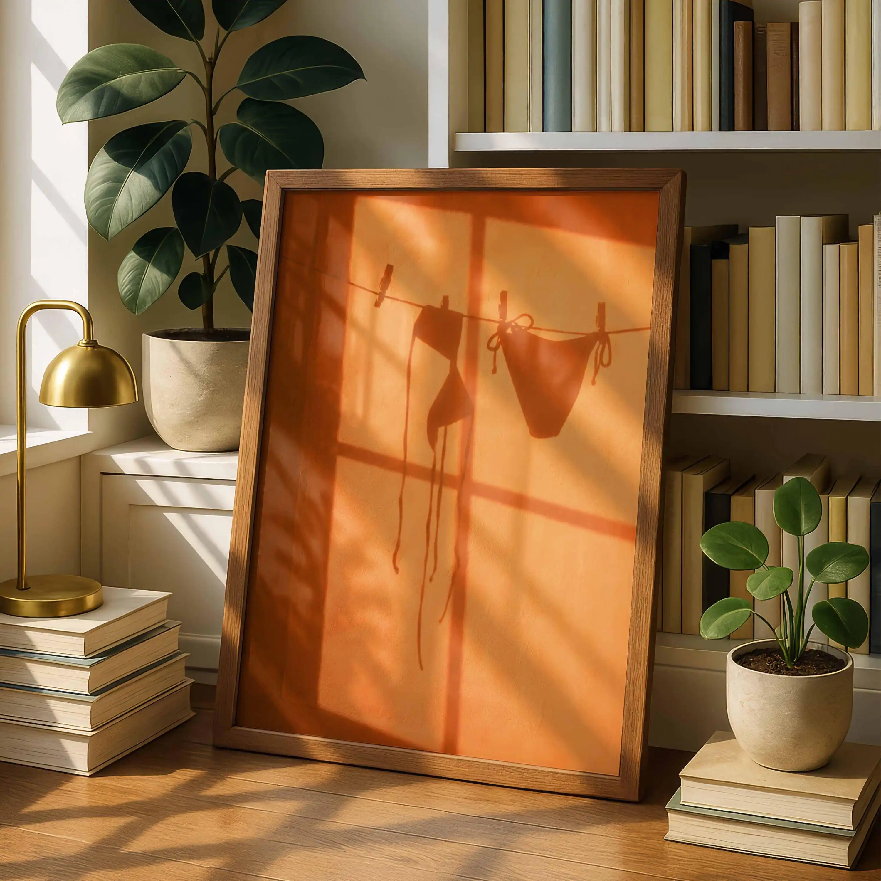 Modern Abstract Golden Bikini Shadow Canvas Poster - Unframed Minimalist Orange Sunlight Coastal Poster for Bathroom Decorations