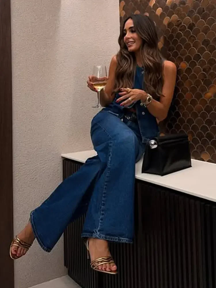 Cpsymym ternos femininos elegantes, jeans, sem mangas, irregular, colete curto, pernas largas, jeans longos, primavera verão, moda feminina, conjunto de calças