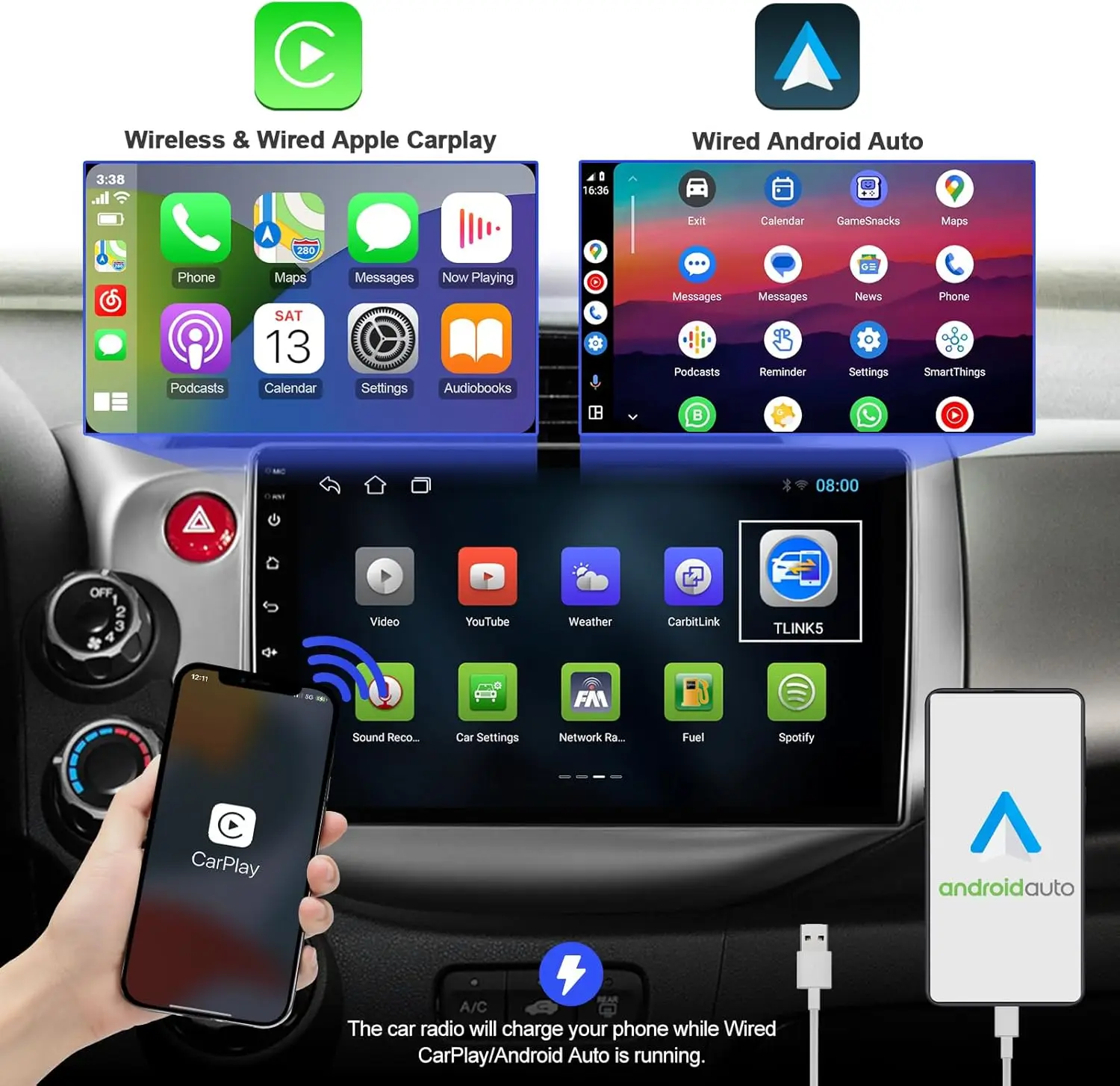 ستيريو سيارة أندرويد 12 مزدوج الدين مقاس 10.1 بوصة لهوندا فيت 2008-2013، بلوتوث 5.4، واي فاي 6، كاربلاي لاسلكي، أندرويد أوتو، نظام تحديد المواقع العالمي، الخلفي