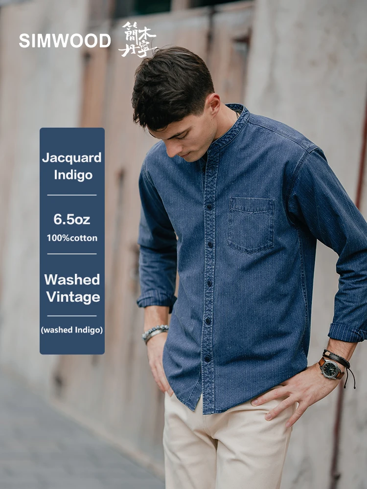 SIMWOOD High Standard 2024 Autumn New Oversize Washed Vintage Indigo Shirts Men Fashion Stand Collar 100% Cotton Shirts