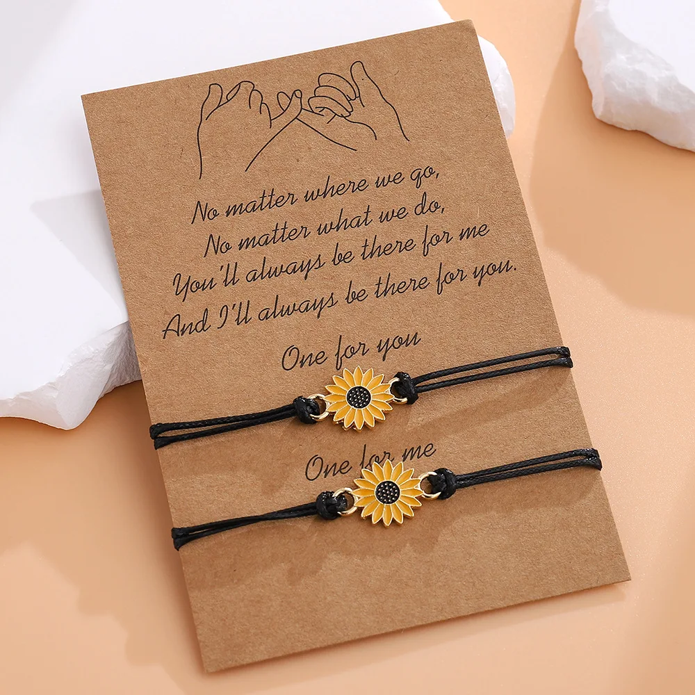 100 sets Fashionable Sunflower Wax Silk Weaving Beautiful Daisy Jewelry Friendship Couple Sunflower Card+Bracelet