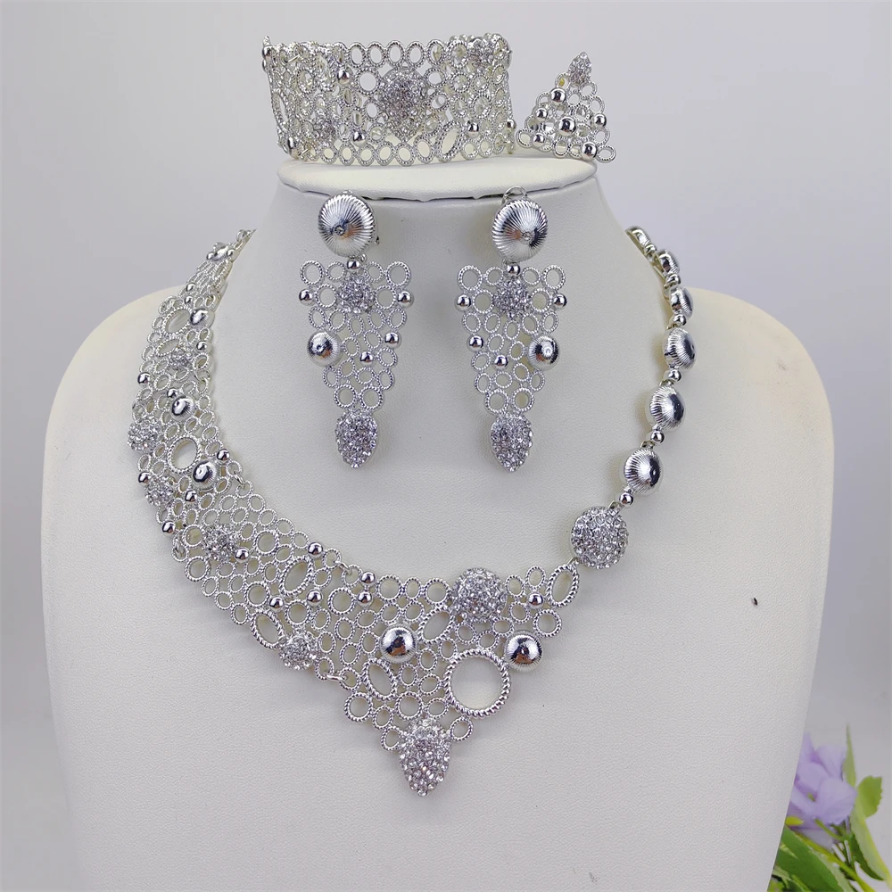 ESALE Dubai Sliver Color Jewelry Sets For Women Big Necklace African Jewellery Set For Women Italian Bridal Wedding Accessories