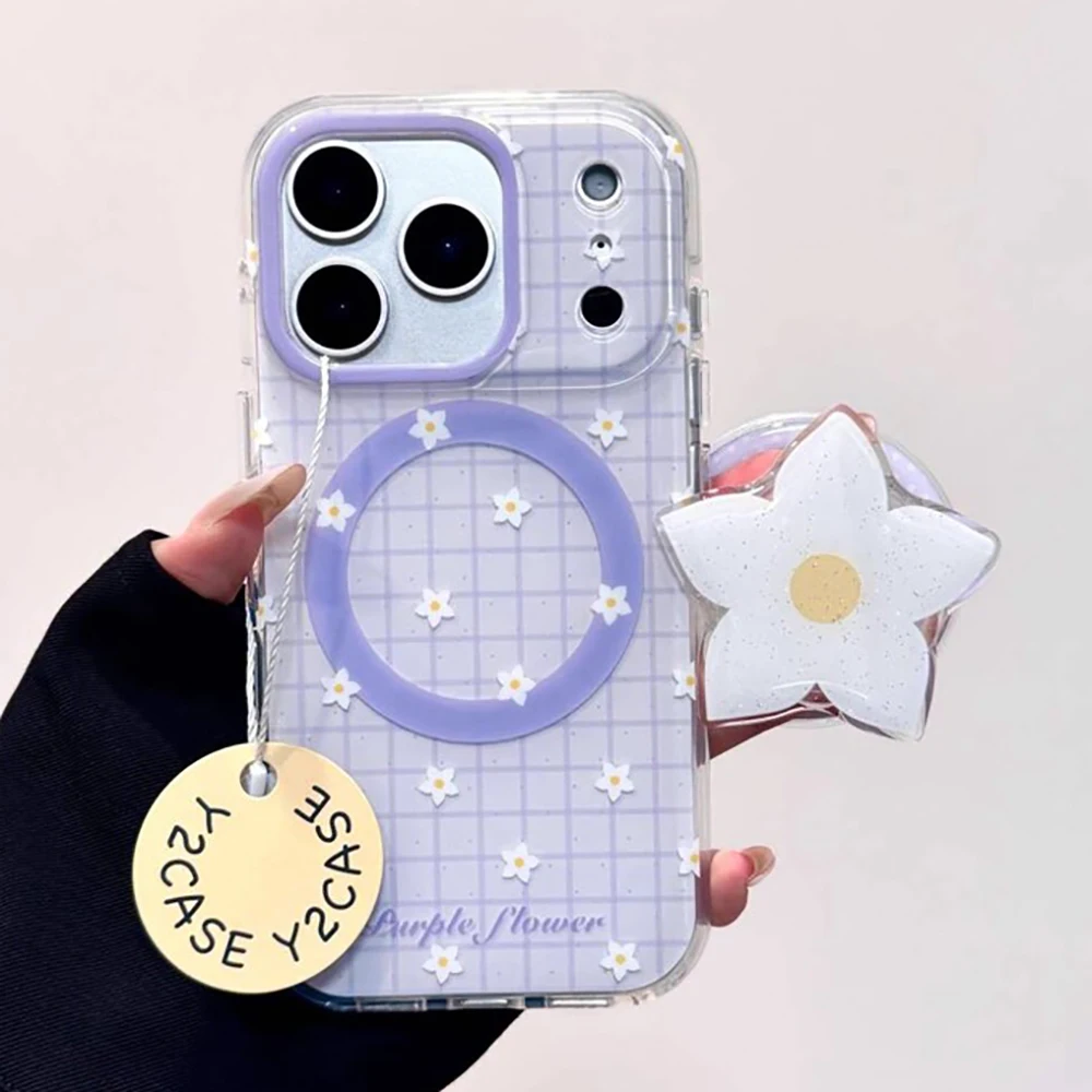 

3D Flower Purple Grid Pattern Magnetic Grip Tok Phone Case for iPhone 17 16 15 14 Pro Max Wireless Charge For Magsafe Cover