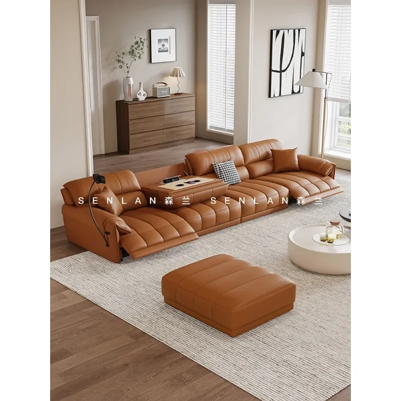 First class space function module electric leather sofa, living room top layer cowhide modern simple straight row zero wall sofa