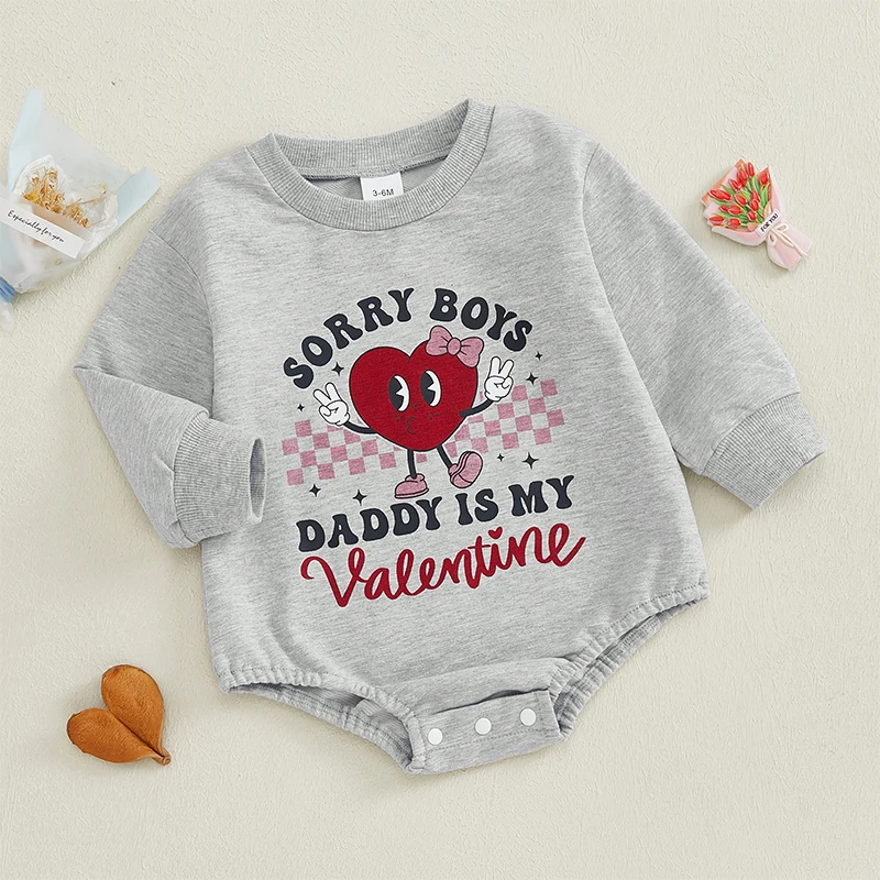 Valentijnsdag romper voor babymeisjes, hartletterprint, bubbeljumpsuit met lange mouwen en ronde hals