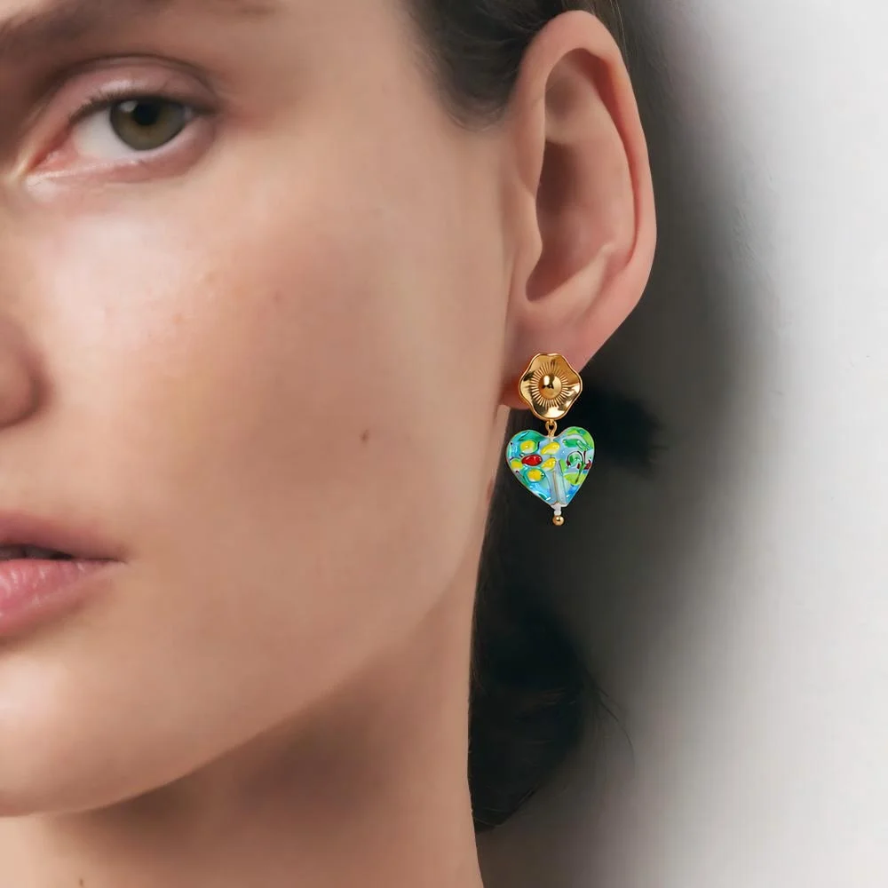 

2025 New Design Colored Glass Heart-shaped Pendant Earrings for Girl Cute personality Jewelry Accessories