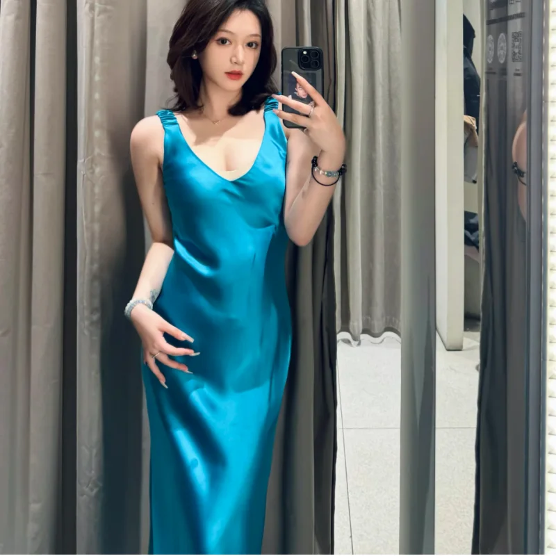 봄 여름 신상 슬리 실크 새틴 롱 미디 드레스 V넥 가운 2025 패션 여성용 드레스 폴리에스터 섬유 100%