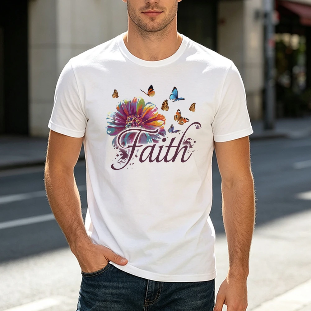 Rainbow Daisy Flower With Purple Faith Script Lettering Men T Shirt Vibrant Floral Art Tee Inspirational Christian Shirt