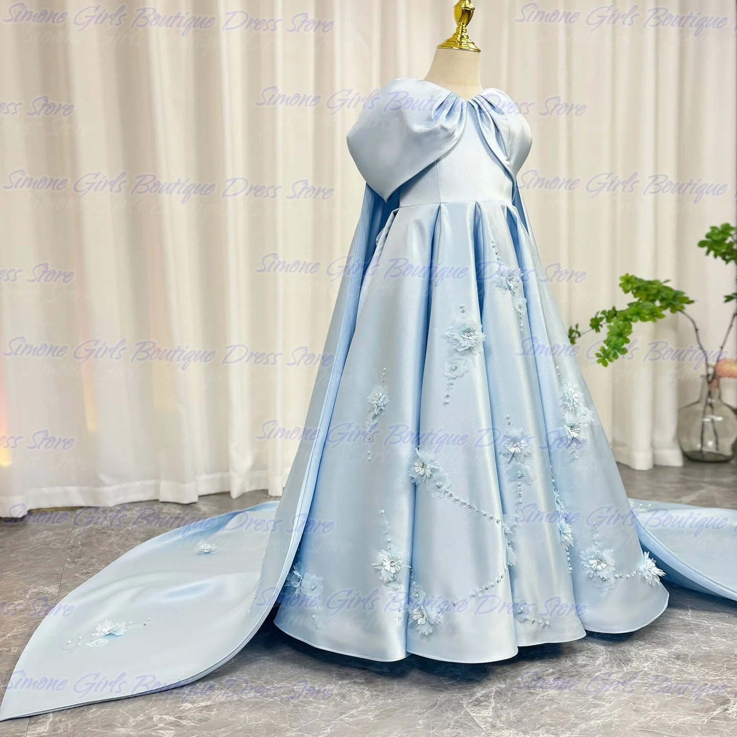 Flower decoration blue dress elegant cute and grand Flower Girl Dress for Birthday party Dance Performances Wedding Ceremonies