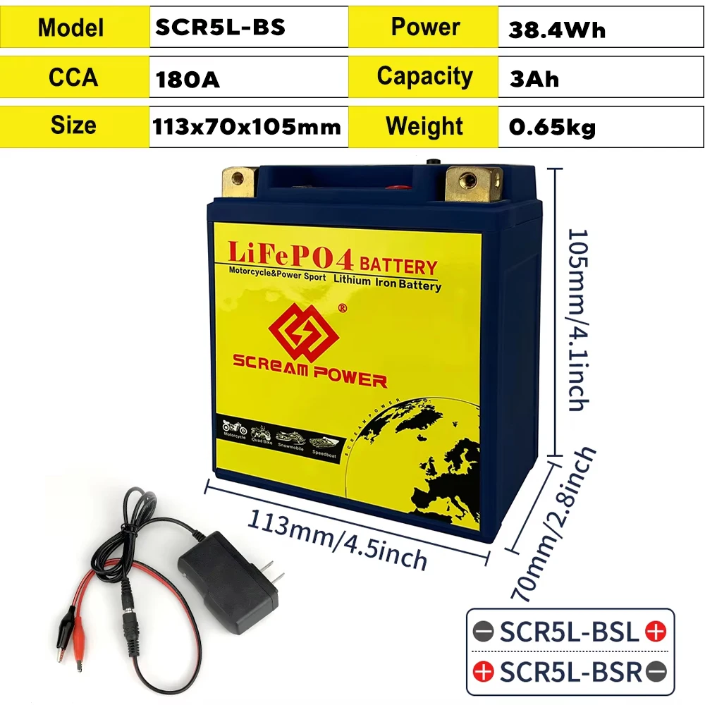 

5L-BS Lithium Motorcycle Battery LiFePO4 Engine Start Battery 12.8V 3Ah 180A CCA with BMS Iron Phosphate Battery Deep Cycle