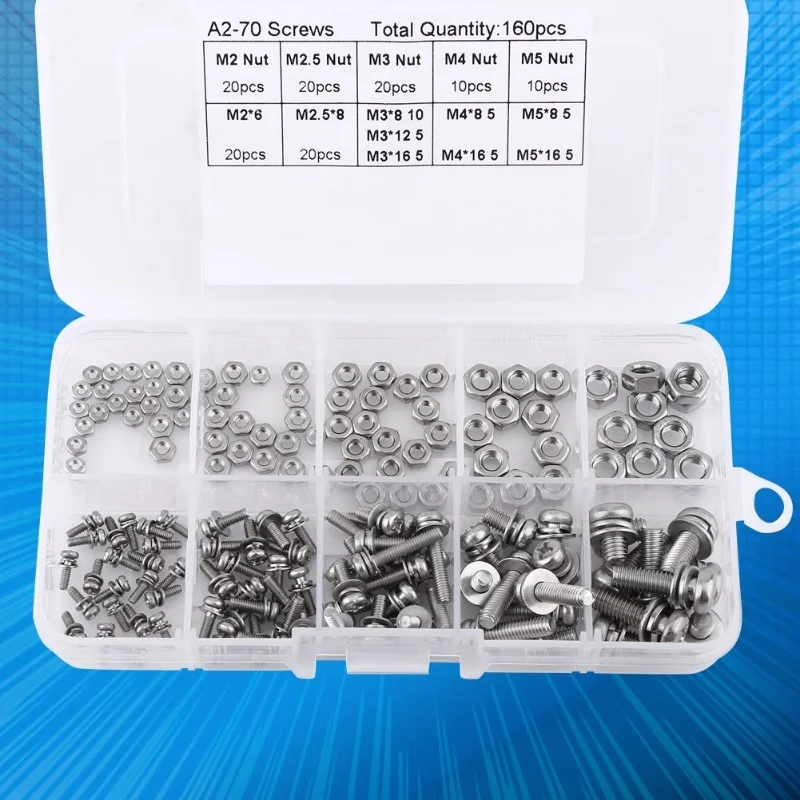 160pcs Stainless Steel SS304 Pan Head Screws Nuts Assortment Kit M2 M2.5 M3 M4 M5