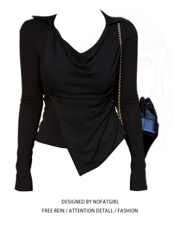 

plus Size Women's Vintage Long Sve T-irt Autumn Winter Uneven Pleats Base irt Commute Sle Slim Fit Korean Version