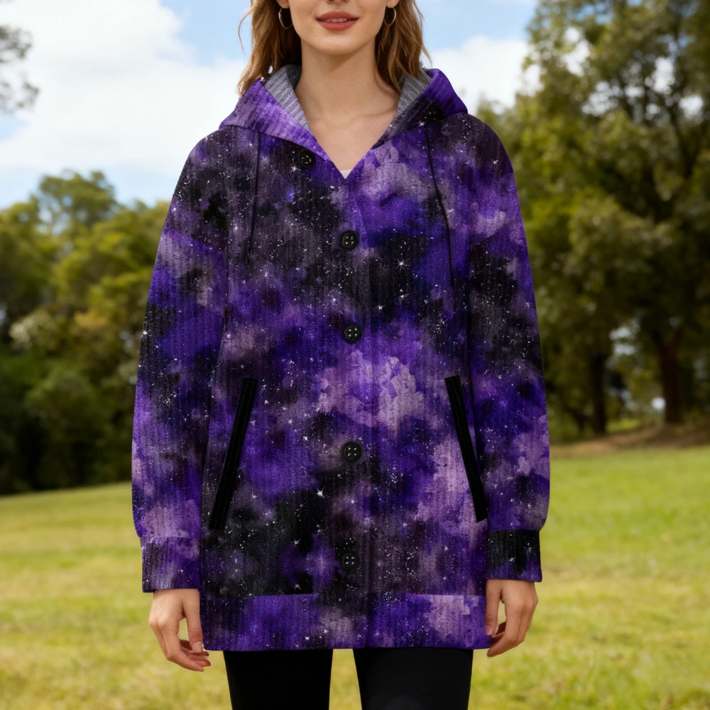 

Women Watercolor Tie Dye Print Hooded Cardigan Coat with Buttons Side Pockets Stylish Casual Streetwear Outerwear Fashion Trend