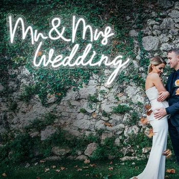 Mr & Mrs 웨딩 네온 사인 벽 장식, 밝기 조절 가능, USB 네온 웨딩 신부 약혼 파티, 침실 아트 장식, 라이트 쿨 화이트