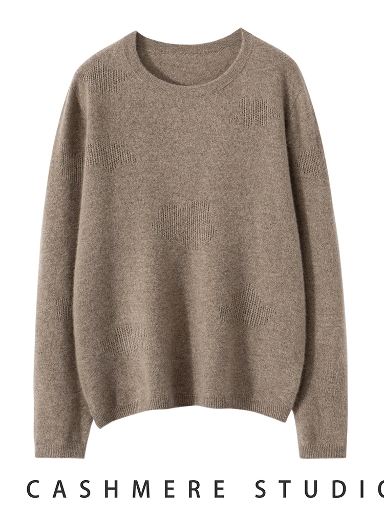 

TLOML Women's 100% Cashmere Sweater O-neck Solid Hollowed-out Pattern Pullover Spring Autumn Cashmere Knitwear Soft Comfy Tops