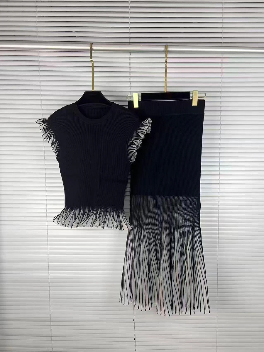 VGH Ribbed Knit Two Piece for Women Round Neck Ruffle Cap Sleeve Sheer Pleated Midi Skirt for Soft Tone Birthday Banquet Outfit view 6