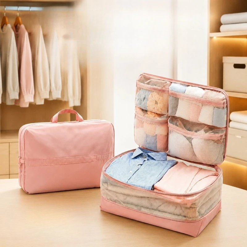 5-in-1 Compression Travel Organizer Large Capacity Clothes Storage Bags with Mesh Compartments for Suitcase