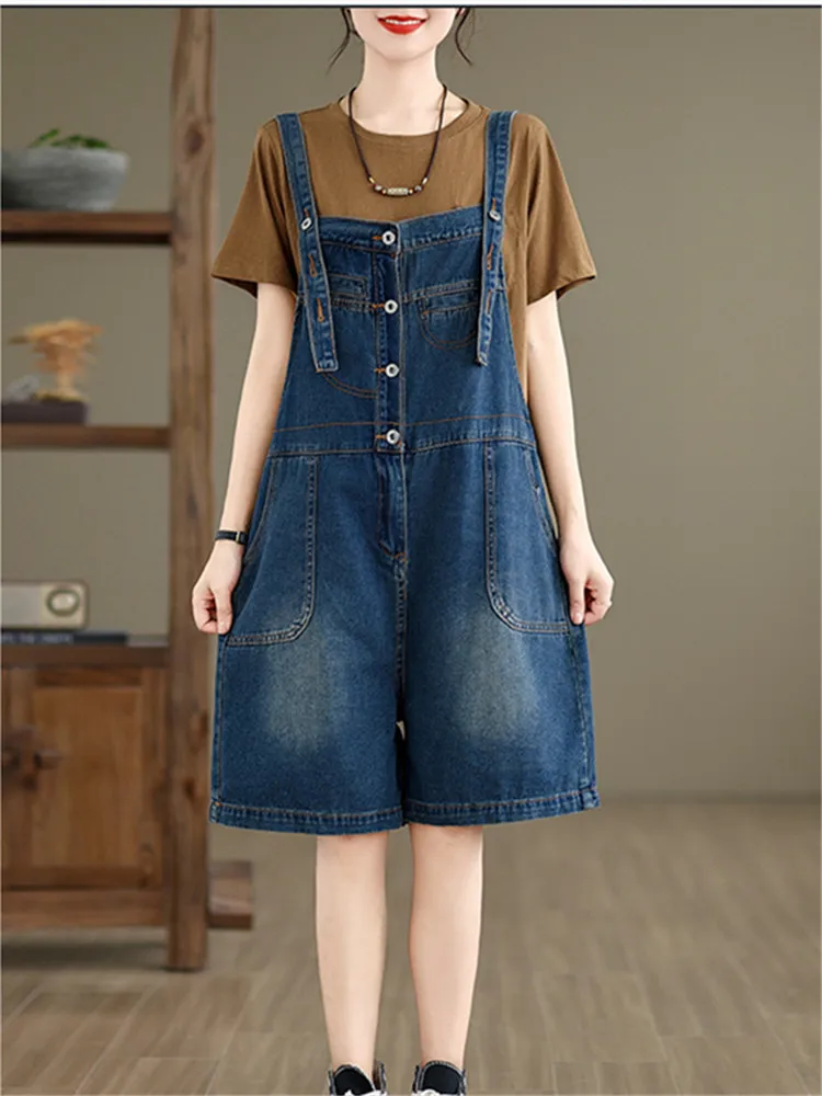 Romper 2024 New Large Size Pocket Denim Strap Pants for Women Summer Loose Jeans Shorts Playsuit Overall Jumpsuit Female Clothes