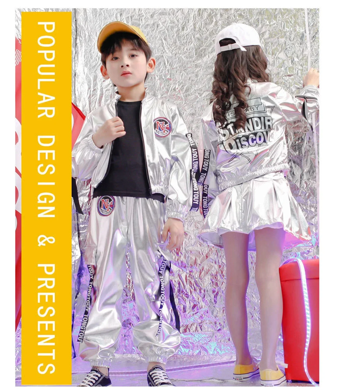 Girls Boys Silver Hip Hop Outfit Street Jazz Dancing Costume Korean Jacket Vest Skirt Pants Clothes Set for Kids