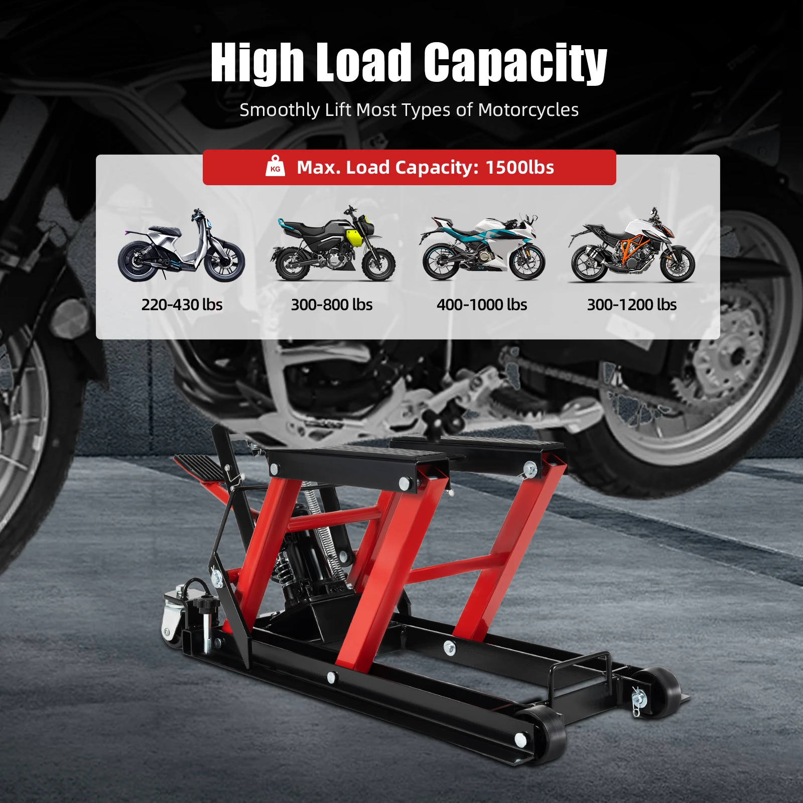 Motorcycle Lift Hydraulic Motorcycle Jack 680kg Jack Motorbike Lift Portable Motorcycle Lift Table w/ 4 Wheels