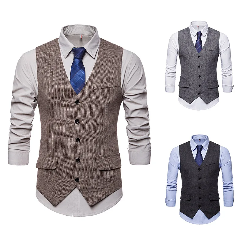 

New Men's Herringbone Woolen Single Breasted Vest Style Men's Suit and Vest for Foreign Trade