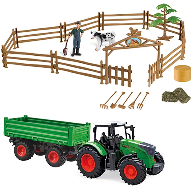 Farmer Harvester Car Model Tractor Trucks Farm Fence Scene Series Simulation Cow Horse Animal Figures Miniature Cute Kid Toy