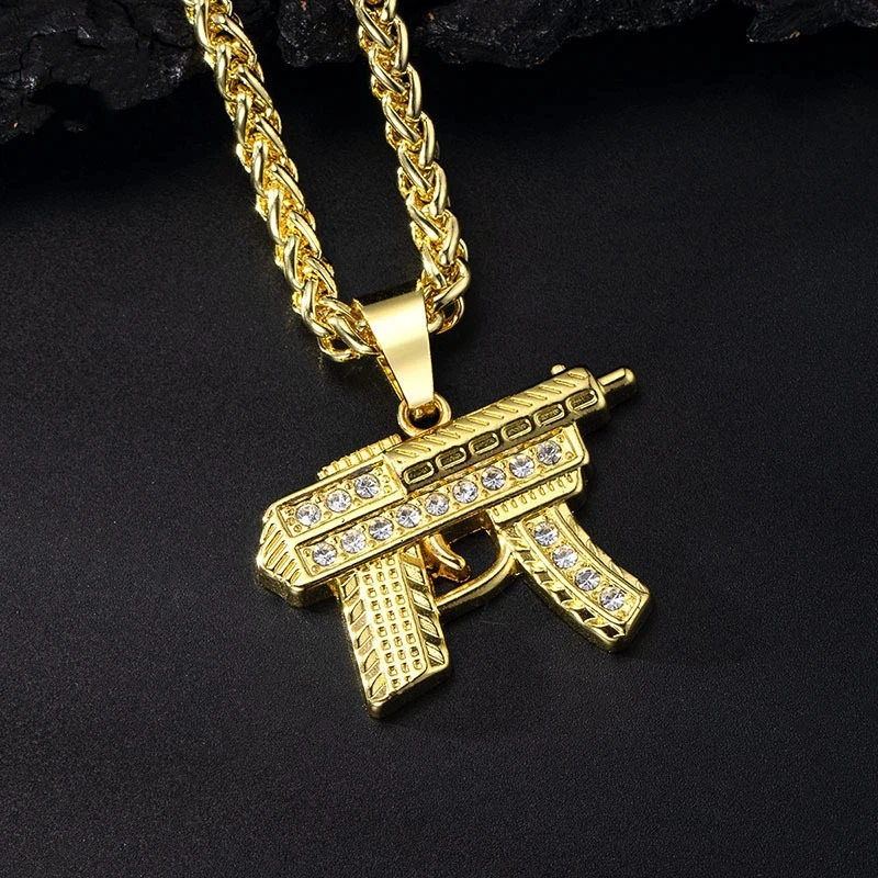 Hip hop 18K Gold Plated Stainless Steel  CZ Submachine Gun Pendant Necklace for Men Rapper Jewelry
